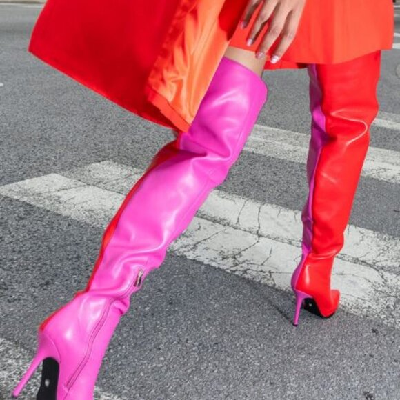 AZALEA WANG " SPLIT PERSONALITY " COLORBLOCK THIGH HIGH BOOT IN RED(BRAND NEW !! - Picture 3 of 8